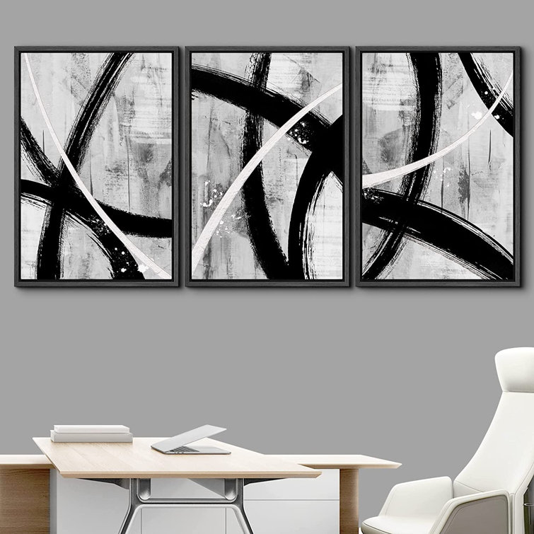 IDEA4WALL Framed Canvas Print Wall Art Set Black Gray White Geometric